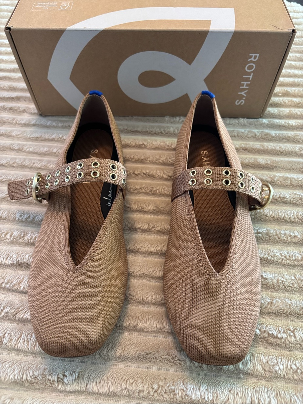 Rothy's Tan Knit Mary Jane Flats with Buckle Detail